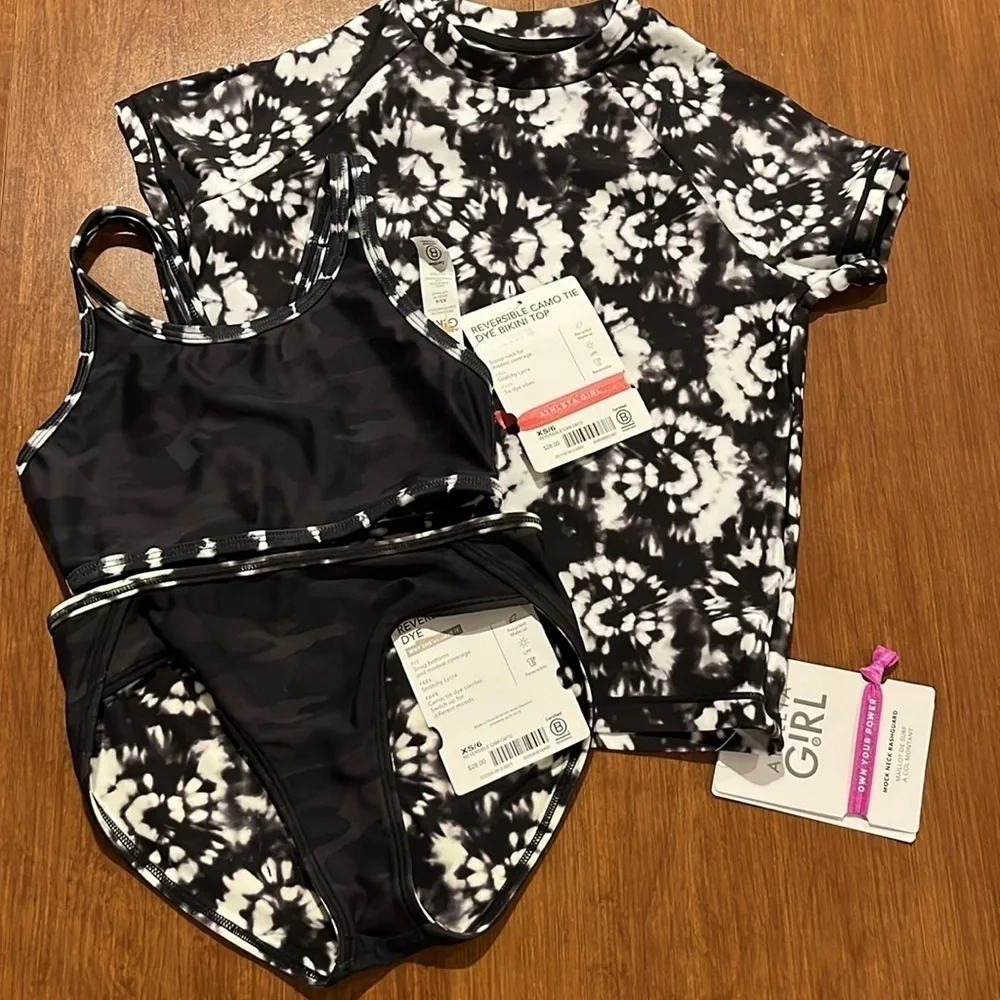 Athleta Girl Camo Tie Dye Mock Neck Rashguard, Bikini Top & Bottom Size 6.